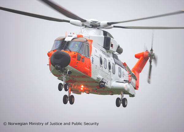 A Norwegian Ministry of Justice and Public Security AW101 All-Weather Search and Rescue (AWSAR) helicopter in flight