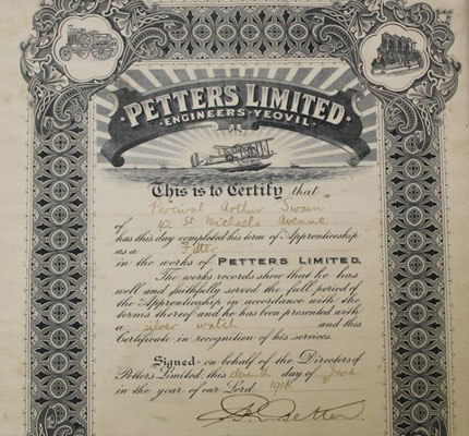 Arthur Swain's apprenticeship certificate