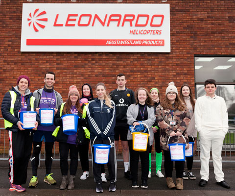 Leonardo Helicopters apprentices and graduates with their fundraising buckets in aid of Yeovil Hospital Charity