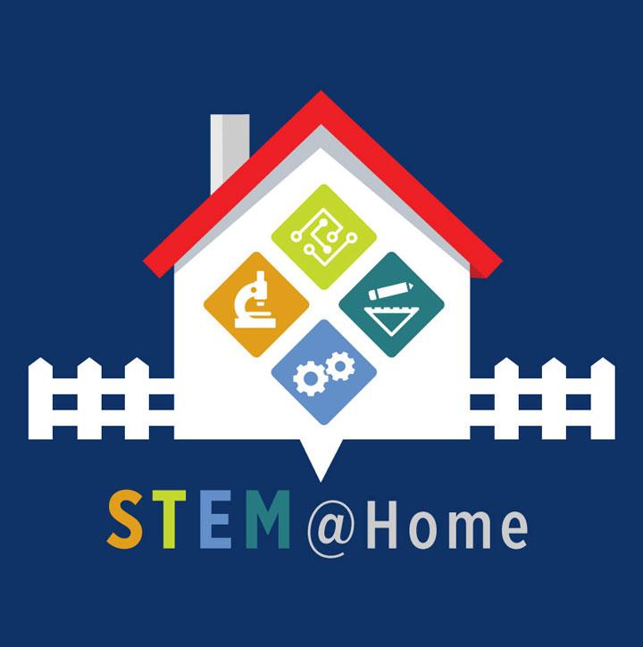 STEM @ Home logo, featuring a small house with scientific symbols inside