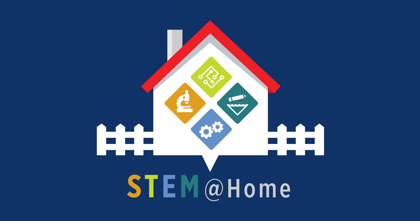 STEM at Home logo, featuring small white house with STEM-related icons, on blue background