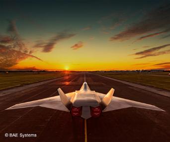 View of Tempest concept aircraft on the runway from behind looking into sunset
