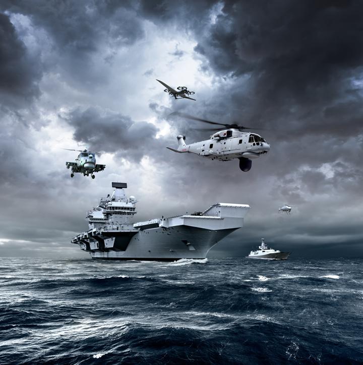 Carrier Strike Group graphic featuring naval vessels, helicopters and satellite