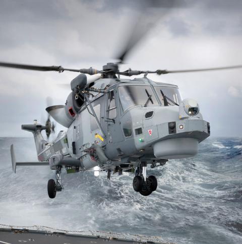 AW159 Wildcat hovering close to the sea