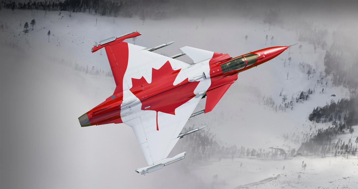 Canadian Gripen E fighter aircraft in flight