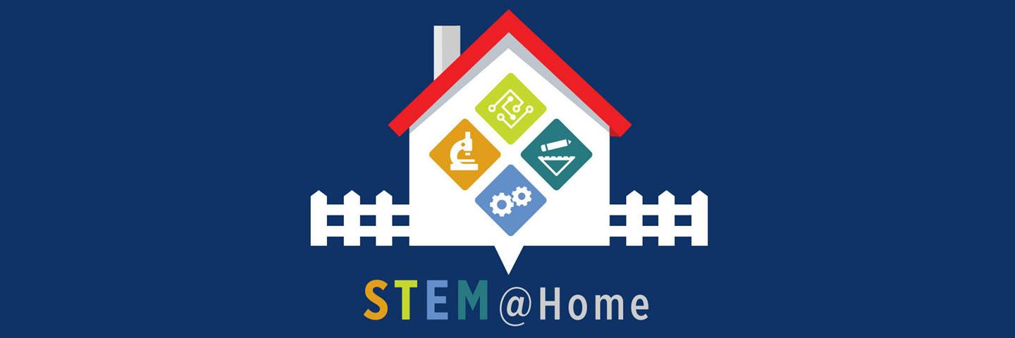 STEM at Home logo, featuring small white house with STEM-related icons, on blue background