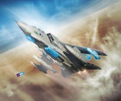 Artist impression of Royal Air Force Tornado flying bottom right to top left in frame