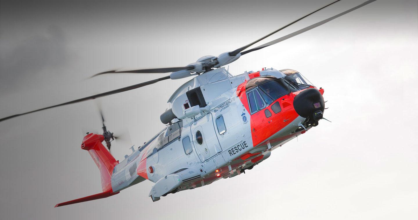 Norwegian all-weather AW101 search and rescue helicopter in flight