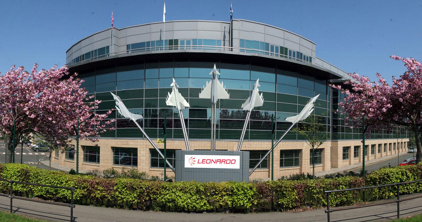Entrance to the Leonardo Edinburgh site, featuring five models of Typhoons on poles behind the Leonardo sign