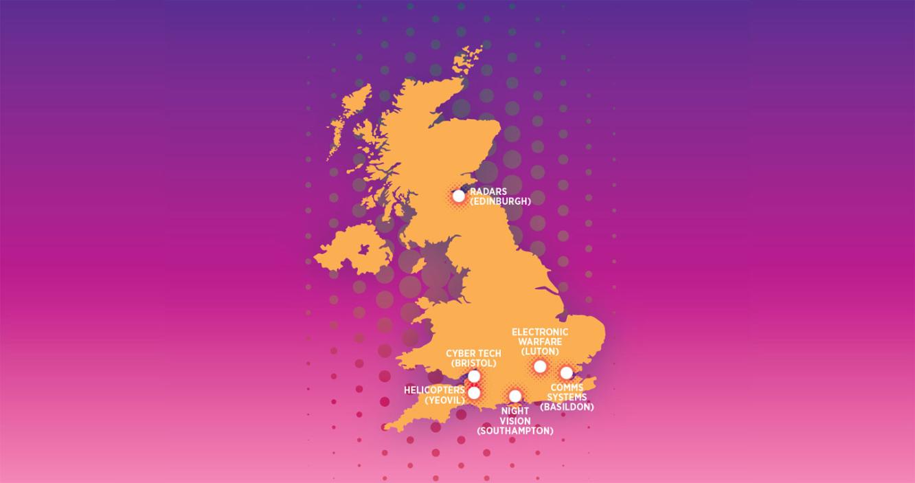 Map of UK showing Leonardo site locations