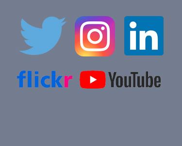 Montage of social media icons including Twitter, Instagram, LinkedIn, YouTube and Flicker